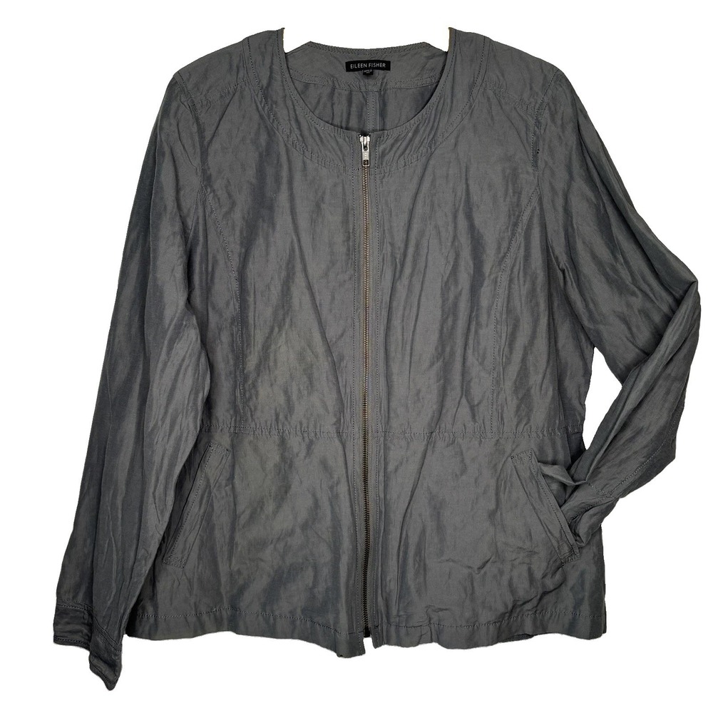 Eileen Fisher Jacket XL Gray Crumpled Cotton-Nylon Blend Zip Front Minimalist